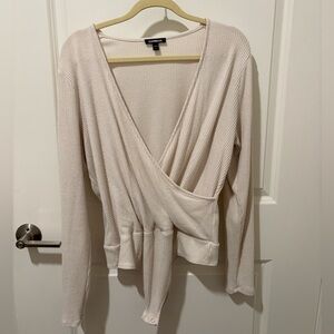 Express Ribbed Wrap-Front Sweater in Soft Cream